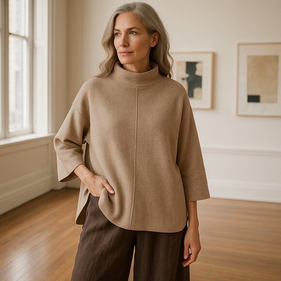 Rachel Zoe Oatmeal Beige Mock Neck Hi-Low 3/4 Sleeve Sweater M Neutral Basic - Picture 1 of 13